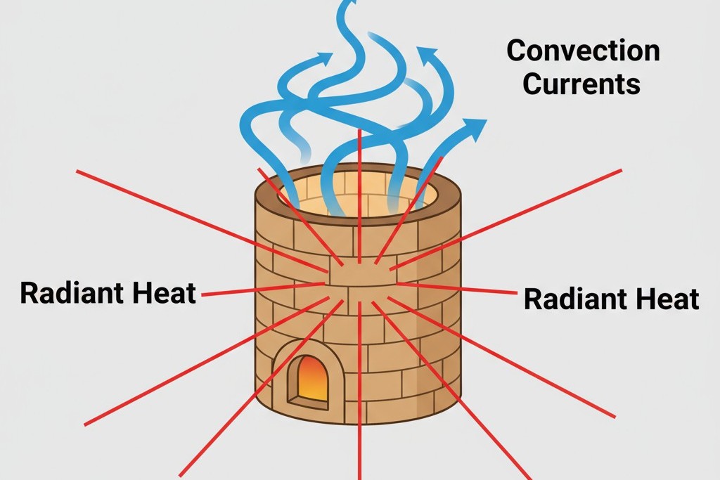 Diagram Panas Radiasi dan Arus Konveksi Ilustrasi menunjukkan sebuah tungku panas dengan panah lurus yang mewakili panas radiasi dan panah berputar yang mewakili arus konveksi yang naik.