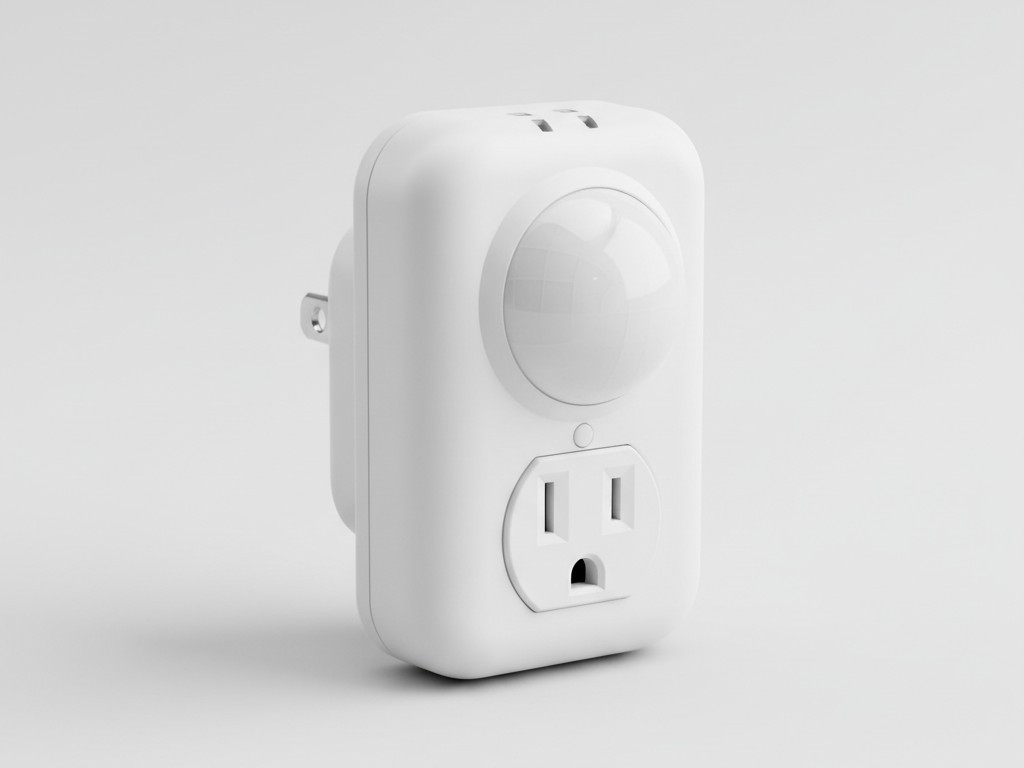 Tomada de Sensor de Movimento Plug-in Rayzeek Um adaptador de tomada de sensor de movimento plug-in branco, exibido contra um fundo neutro, pronto para ter um aparelho conectado a ele.