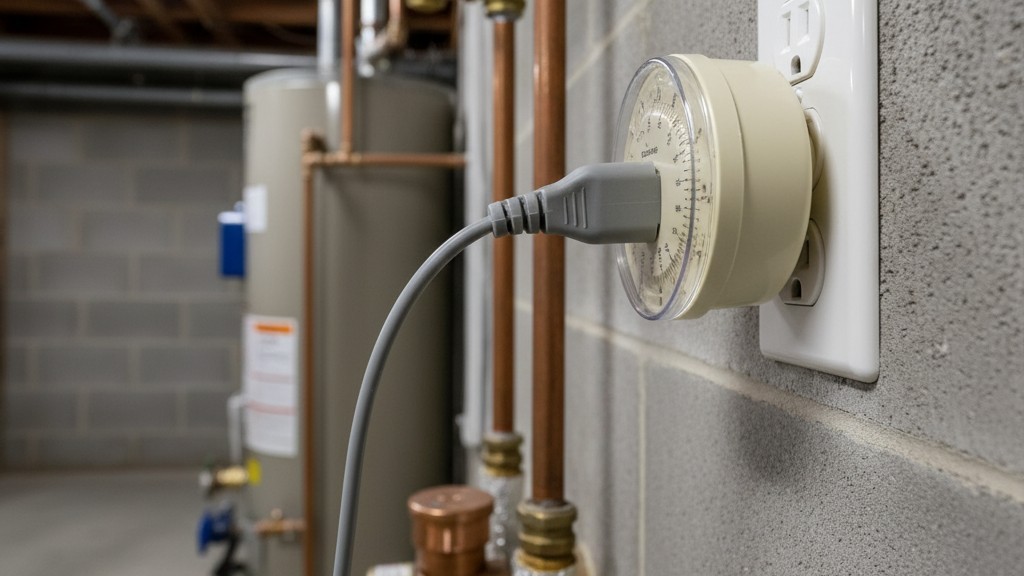 Controle Ineficiente de Bomba com Timer Mecânico Uma bomba de recirculação de água quente está conectada a um timer mecânico de parede antigo, de pinos, próximo a um aquecedor de água residencial.