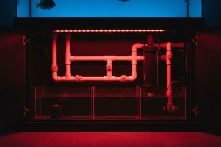 A low-angle view into the cabinet under a reef aquarium, where plumbing and equipment are illuminated by a single red LED strip. Blue light from the tank above casts shimmering patterns on the floor.