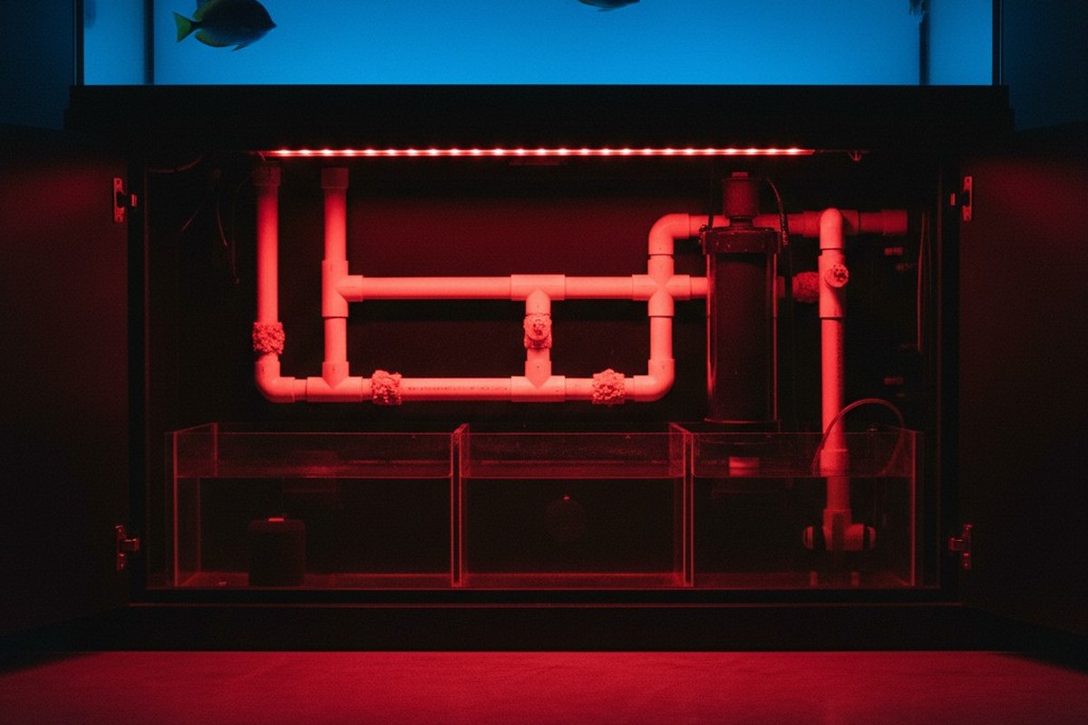 A low-angle view into the cabinet under a reef aquarium, where plumbing and equipment are illuminated by a single red LED strip. Blue light from the tank above casts shimmering patterns on the floor.
