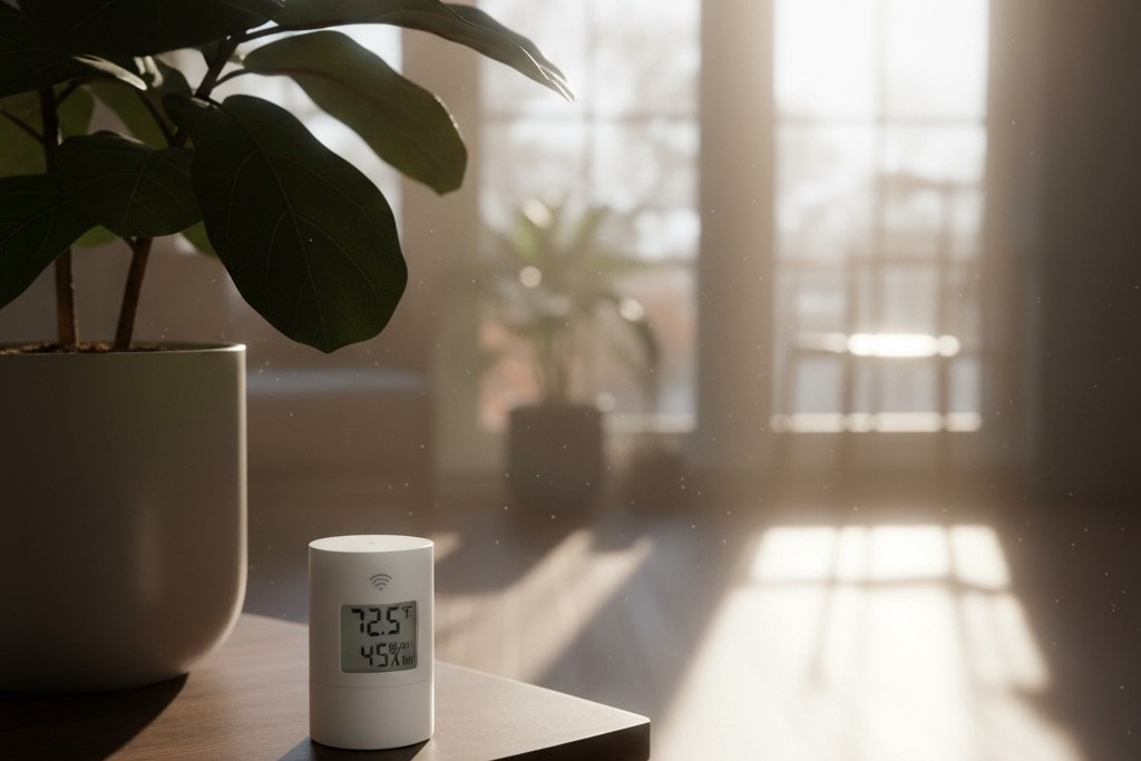 Sensor suhu jarak kecil warna putih terletak di atas meja samping kayu di ruang belakang teras, tersembunyi di sudut teduh jauh dari sinar matahari langsung.