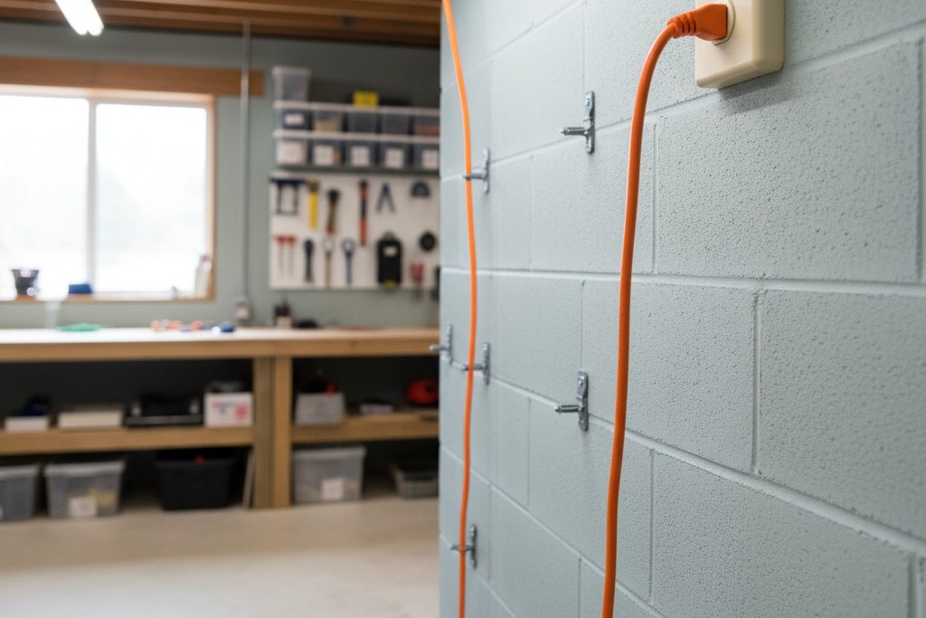 つまづき危険を防ぐ安全なコード管理 オレンジ色の延長コードは壁にきちんと配線され、高いコンセントに差し込まれ、天井のショップライトに電力を供給し、床を空けています。