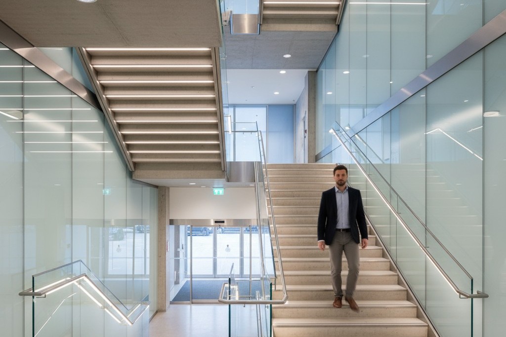 Een veilig en continu verlicht traphuis Een persoon die vol vertrouwen een helder en continu verlichte moderne trap afloopt, wat het resultaat is van een goede sensorconfiguratie.