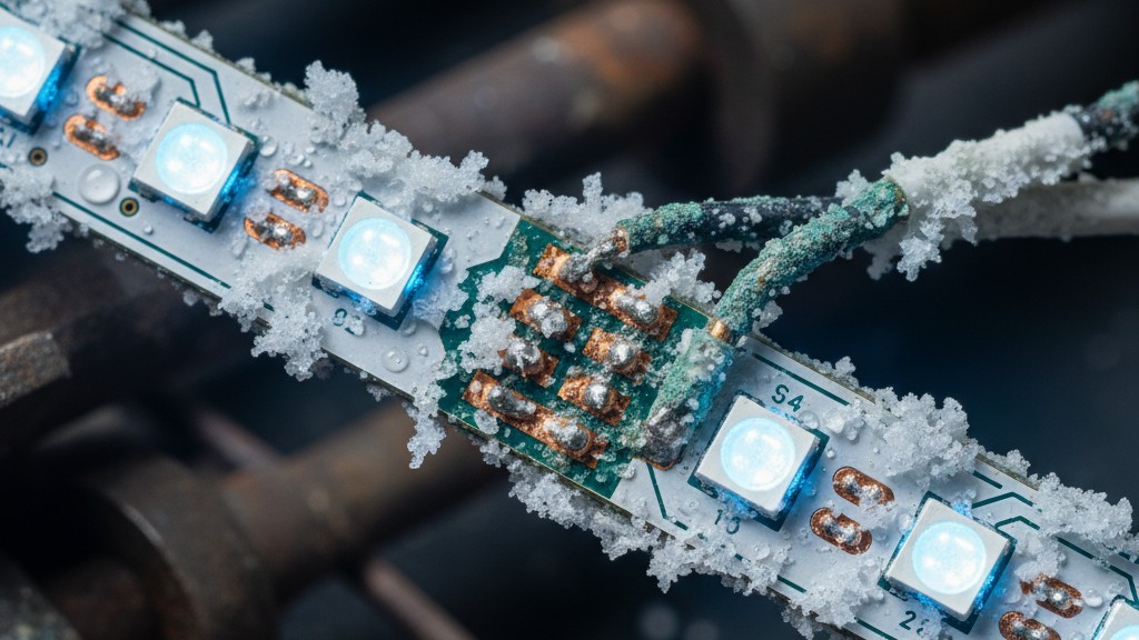Salt Creep Corrosion on an Aquarium LED Strip A close-up macro photo shows the terminals of an LED light strip heavily corroded with greenish-blue and white crystalline salt deposits.