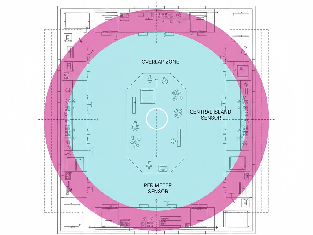 Bilim laboratuvarının ortasında ada ve çevresine yerleştirilmiş banklar bulunan yukarıdan aşağıya bir diyagramı, iki sensörün ekipmanların etrafında tam kapsama sağladığını gösteriyor.