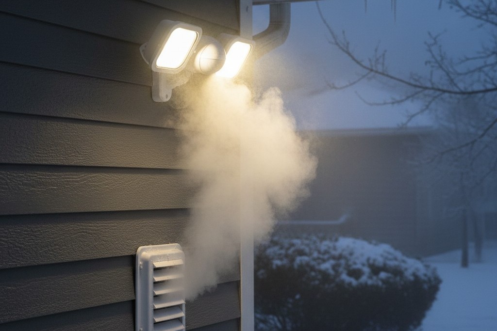 Incorrect Security Light Placement Above Vent A motion-sensor floodlight is mounted on a home's exterior wall, directly above a dryer vent. Steam billows up from the vent, engulfing the light's sensor.