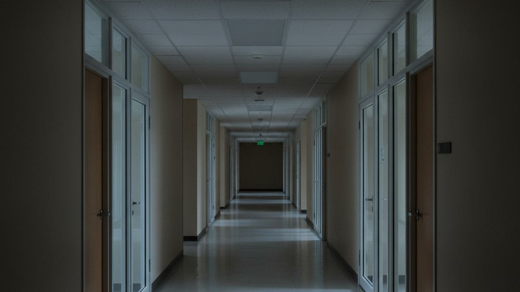 Un sensor de movimiento de seguridad montado en la pared de un pasillo vacío y estéril por la noche, destacando su rol en la vigilancia y detección de amenazas.