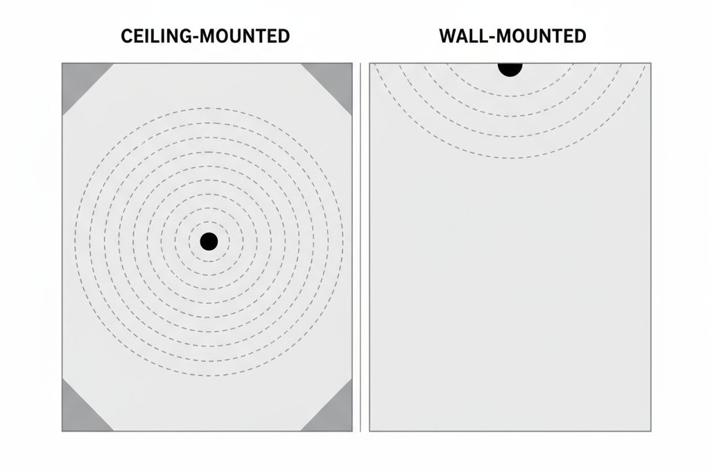 Un diagrama desde arriba que compara la pobre cobertura en las esquinas de un sensor en el techo con la cobertura completa de un sensor en la pared en una habitación rectangular.