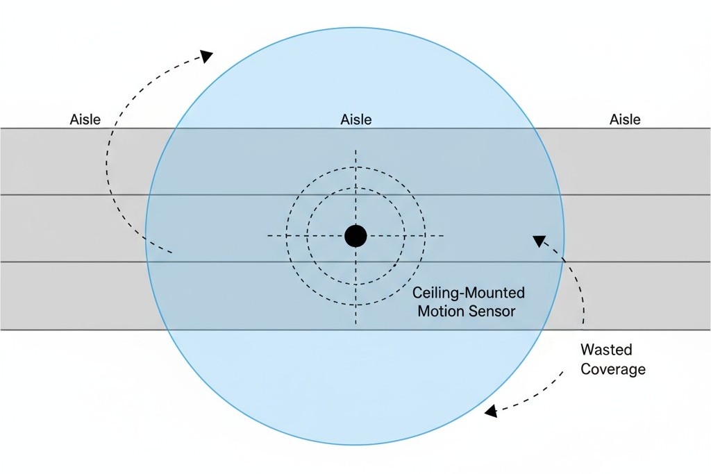 Sensorbedekkingsmis-match in een smalle gang Een diagram met een top-down overzicht van een magazijngang. Een brede, circulaire detectiepatroon van een standaard bewegingssensor wordt overgelegd, waarmee wordt getoond hoe het grootste deel van de dekking uitloopt in aangrenzende, irrelevante gebieden.