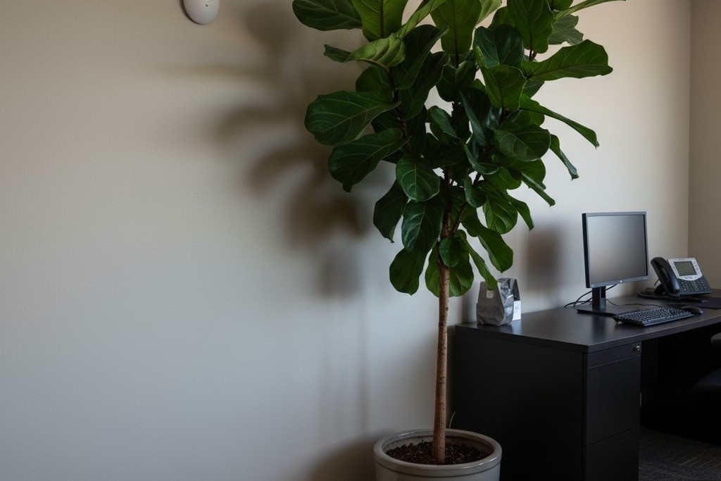 Menghindari Kesalahan Pemasangan Umum Tampilan sensor keberadaan terhalang oleh tanaman tinggi, menggambarkan bagaimana penempatan yang buruk dapat menciptakan titik buta.