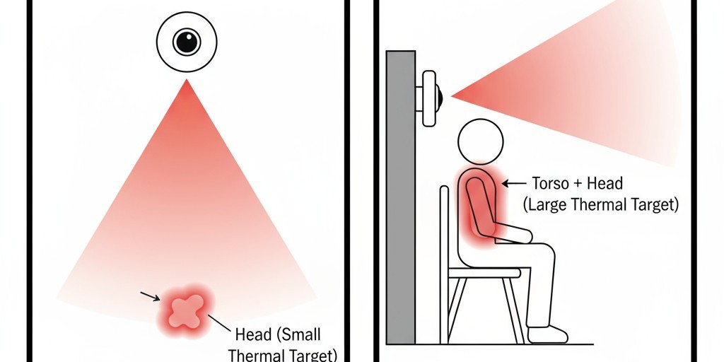 ตำแหน่งเซ็นเซอร์เหนือศีรษะกับด้านข้าง แผนภาพเปรียบเทียบมุมมองจำกัดของเซ็นเซอร์เหนือศีรษะกับมุมมองที่ดีกว่ามากของเซ็นเซอร์ติดตั้งด้านข้าง