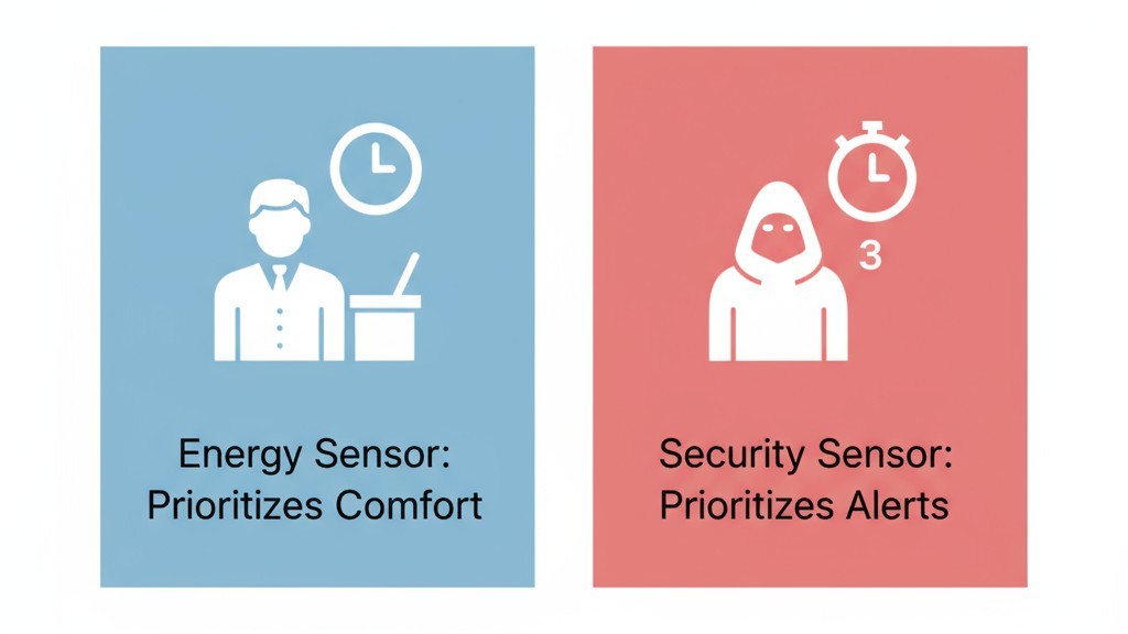 Una infografía que compara el largo tiempo de espera de 15 minutos de un sensor de energía para comodidad contra el corto tiempo de espera de 3 segundos de un sensor de seguridad para alertas.