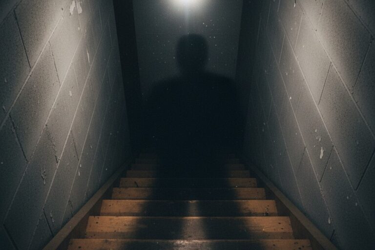 Een first-person uitzicht omhoog een donkere, steile keldertrap, waar de eigen schaduw van de persoon, geworpen door een enkele kale gloeilamp vanuit achteren, de treden volledig verbergt.
