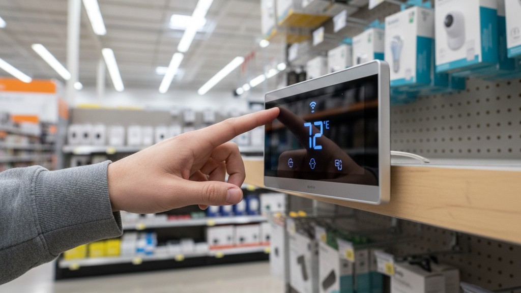 A person's hand reaches for a sleek, glass-fronted smart thermostat displayed on a shelf in a brightly lit electronics store.