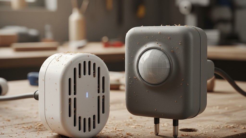 通気孔付きスマートプラグと密閉型モーションセンサーの比較 通気孔のあるスマートプラグと密閉ケースの堅牢なモーションセンサーを並べて比較した写真。ホコリの多い作業台の上に置かれています。