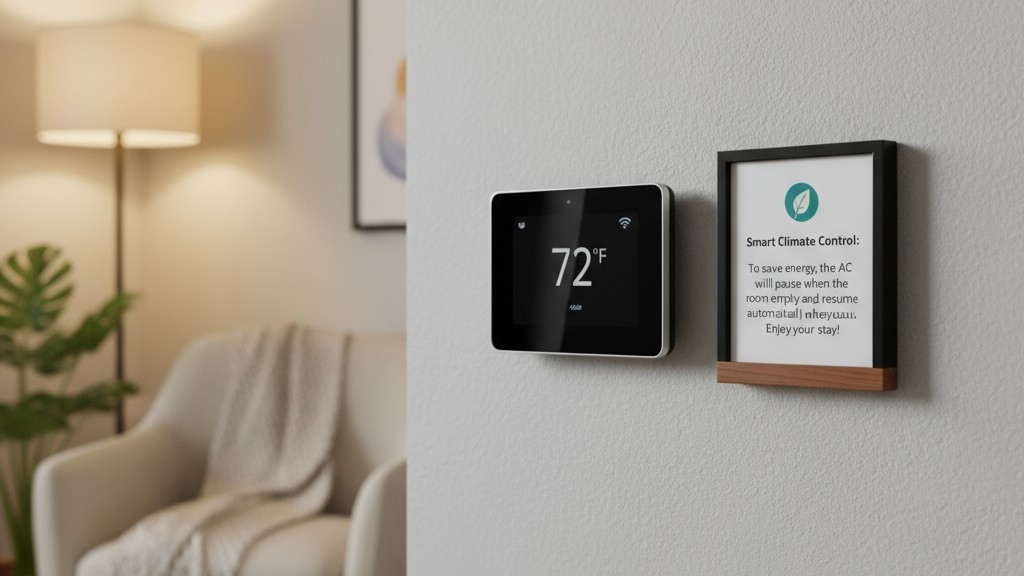 Una pequeña y amistosa señal junto a un termostato que explica el sistema de aire acondicionado automático a los huéspedes de alquiler.