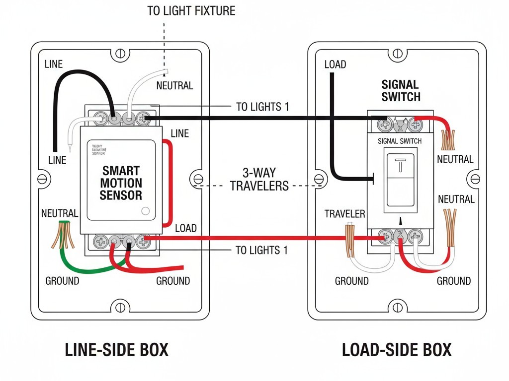 Μοτίβο Καλωδίωσης για ένα κύκλωμα 3-τροπών με αισθητήρα κίνησης Ένα διάγραμμα καλωδιώματος που δείχνει τον σωστό τρόπο εγκατάστασης ενός αισθητήρα κινήσεων σε κύκλωμα 3 κατευθύνσεων, με τον αισθητήρα στο κουτί πλευράς γραμμής και έναν τυπικό διακόπτη στο κουτί πλευράς φορτίου.