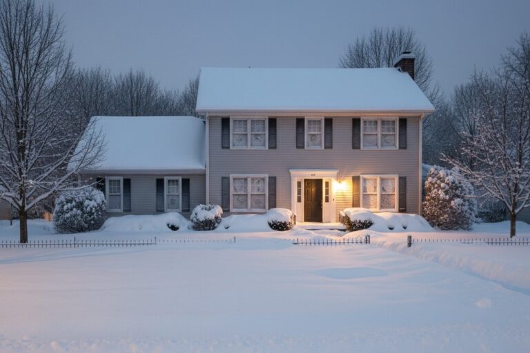 A two-story house and its yard are covered in a smooth blanket of snow under the moonlight, with a single warm porch light casting soft shadows on a peaceful winter night.