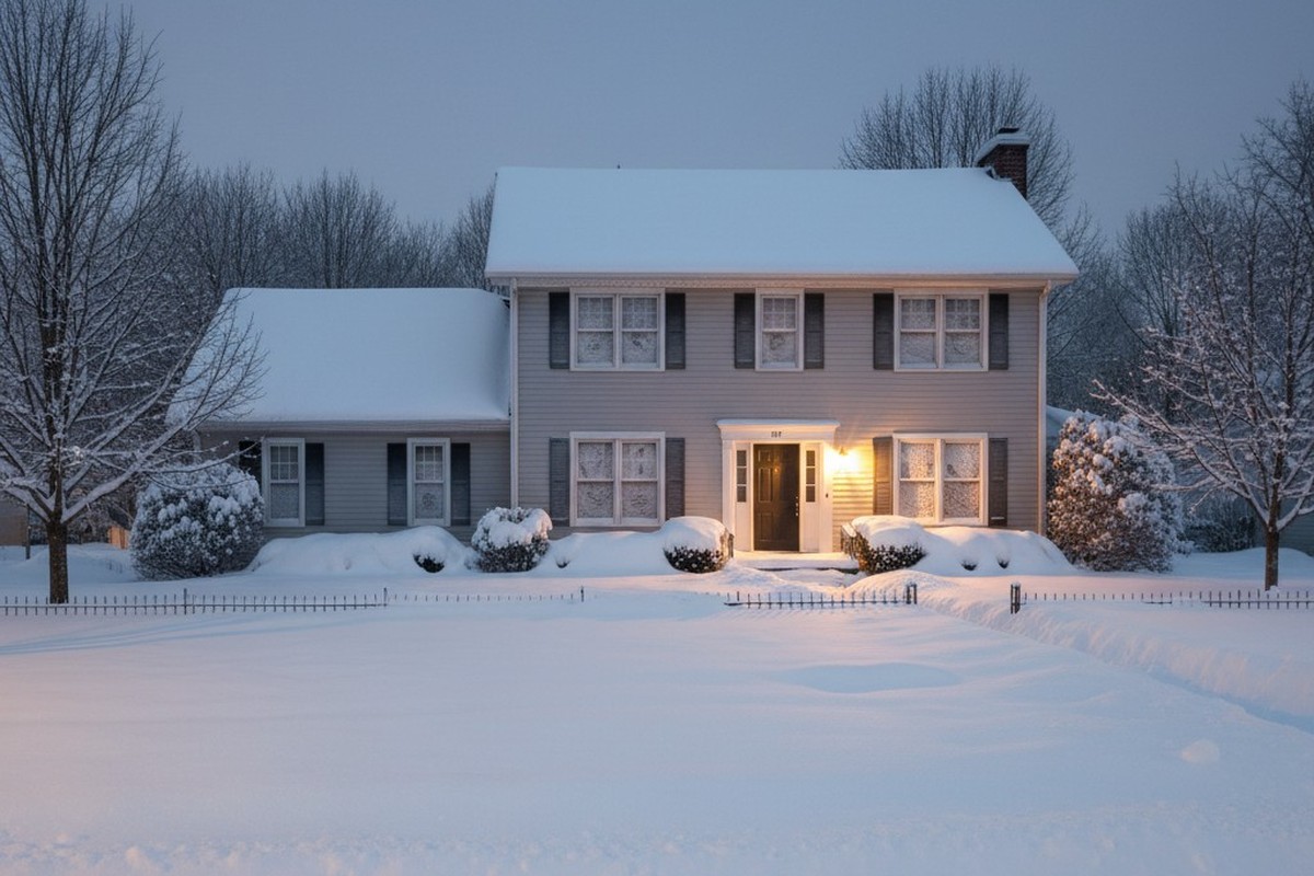 A two-story house and its yard are covered in a smooth blanket of snow under the moonlight, with a single warm porch light casting soft shadows on a peaceful winter night.