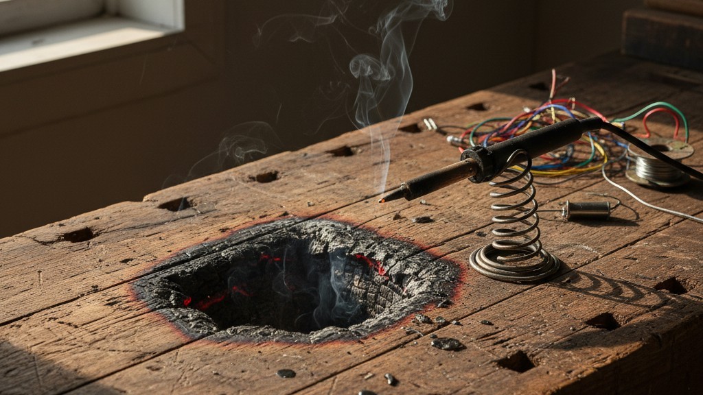 Λεκές από εγκατάλειψη Καμμένης Κάρβουνα από Ξεχασμένο Κόλλημα Σίδερο Ένας βαθύς, σεληνιακός λεκές από καύση έχει καεί σε ένα ξύλινο πάγκο εργασίας όπου αφήθηκε ένας καυτός κόλληση.