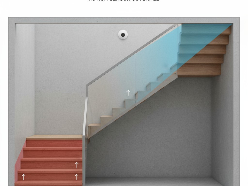 แผนภาพแสดงจุดบอดของเซ็นเซอร์ตรวจจับความเคลื่อนไหวเดียว แผนภาพของจุดลงระดับแยกที่แสดงให้เห็นว่าเซ็นเซอร์ตรวจจับความเคลื่อนไหวแบบเดียวที่มุ่งไปที่บันไดชั้นบนไม่สามารถตรวจจับการเคลื่อนไหวจากบันไดชั้นล่างได้ ซึ่งสร้างจุดบอดขนาดใหญ่