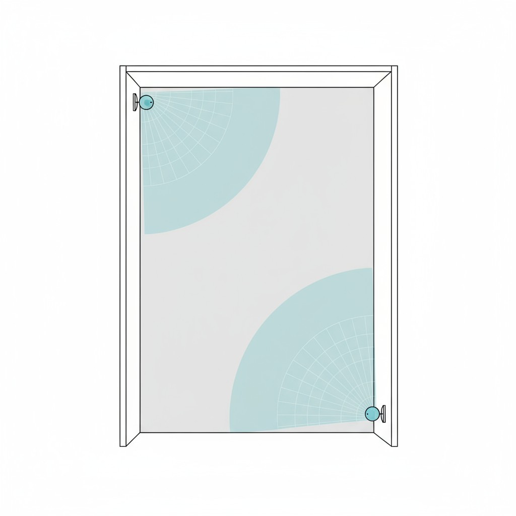 แผนภาพการวางเซ็นเซอร์แบบเว้นระยะ แผนภาพด้านบนของทางเดินแสดงเซ็นเซอร์จับความเคลื่อนไหวบนผนังตรงกันข้ามในรูปแบบเว้นระยะ การครอบคลุมด้วยการตรวจจับซ้อนกันให้ความครอบคลุมอย่างต่อเนื่อง