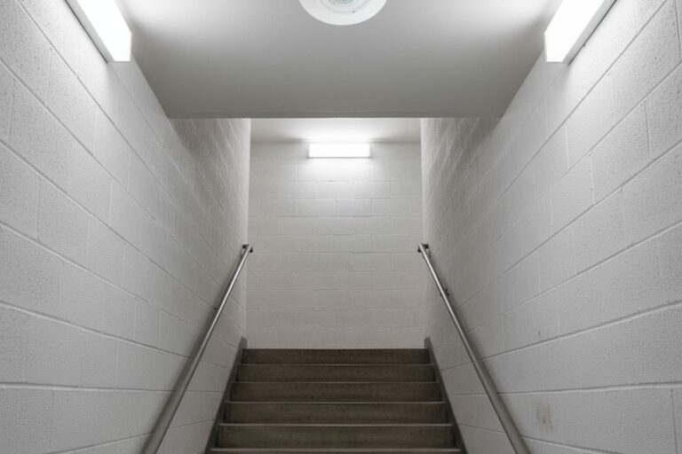 Un único sensor de movimiento montado en el techo en un descansillo de la escalera, con las escaleras descendentes claramente fuera de su rango de detección probable, creando una zona de sombra.