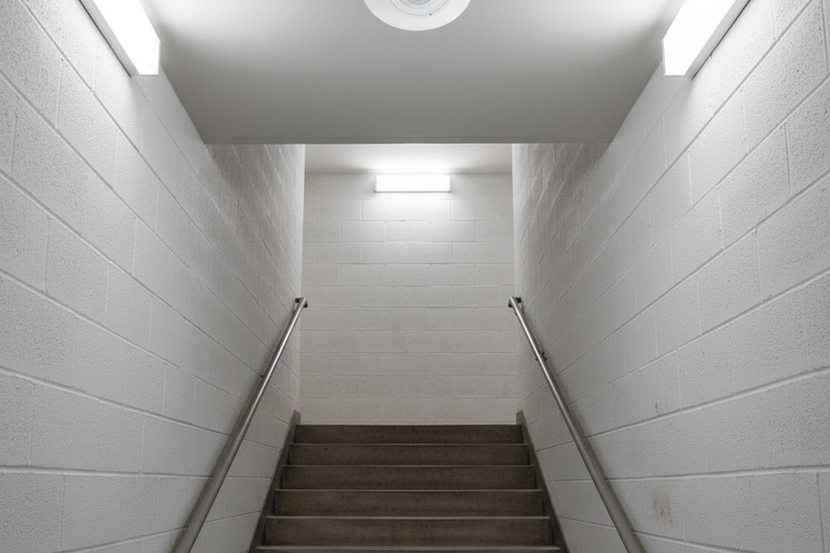 樓梯間平台上安裝有一個單一的天花板傳感器，明顯看出向下的樓梯在其預測範圍之外，造成死角區域。