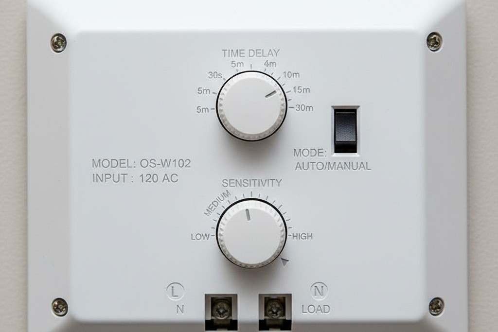 Standalone Occupancy Sensor with Simple Physical Dials A close-up of a white occupancy sensor showing small, adjustable dials for setting time delay and sensitivity.