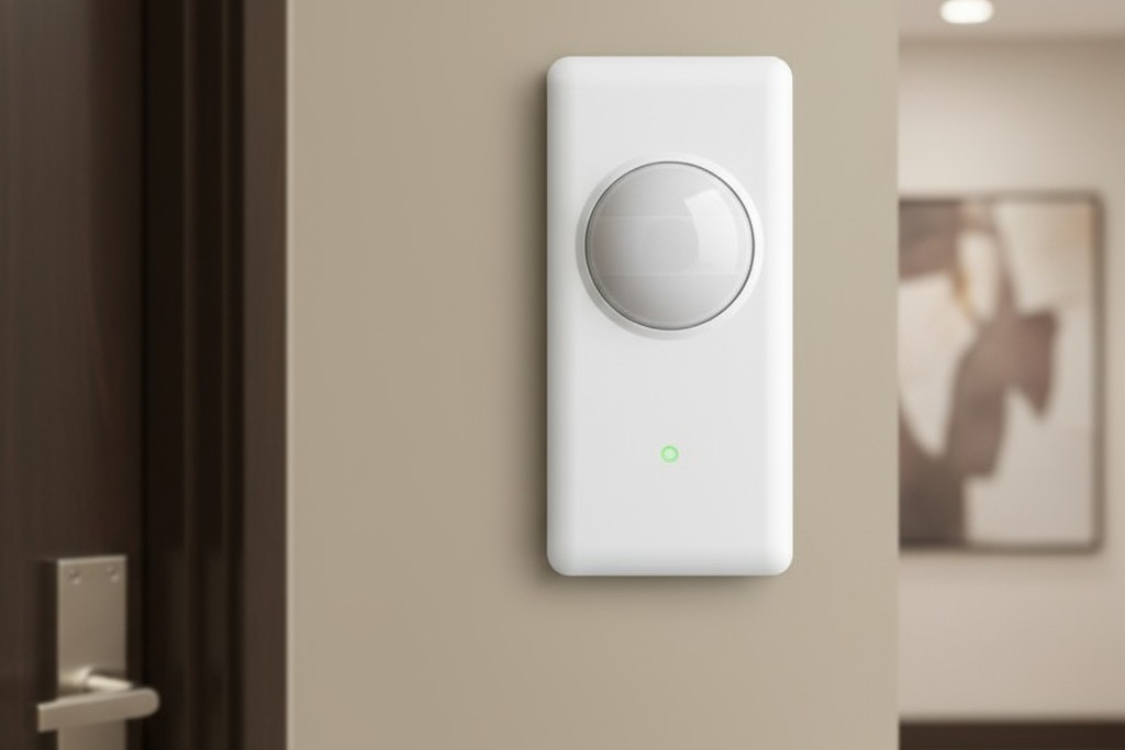 Close-Up of a Stand-Alone Occupancy Sensor A close-up of a modern, white, stand-alone passive infrared occupancy sensor mounted on a light-colored wall.