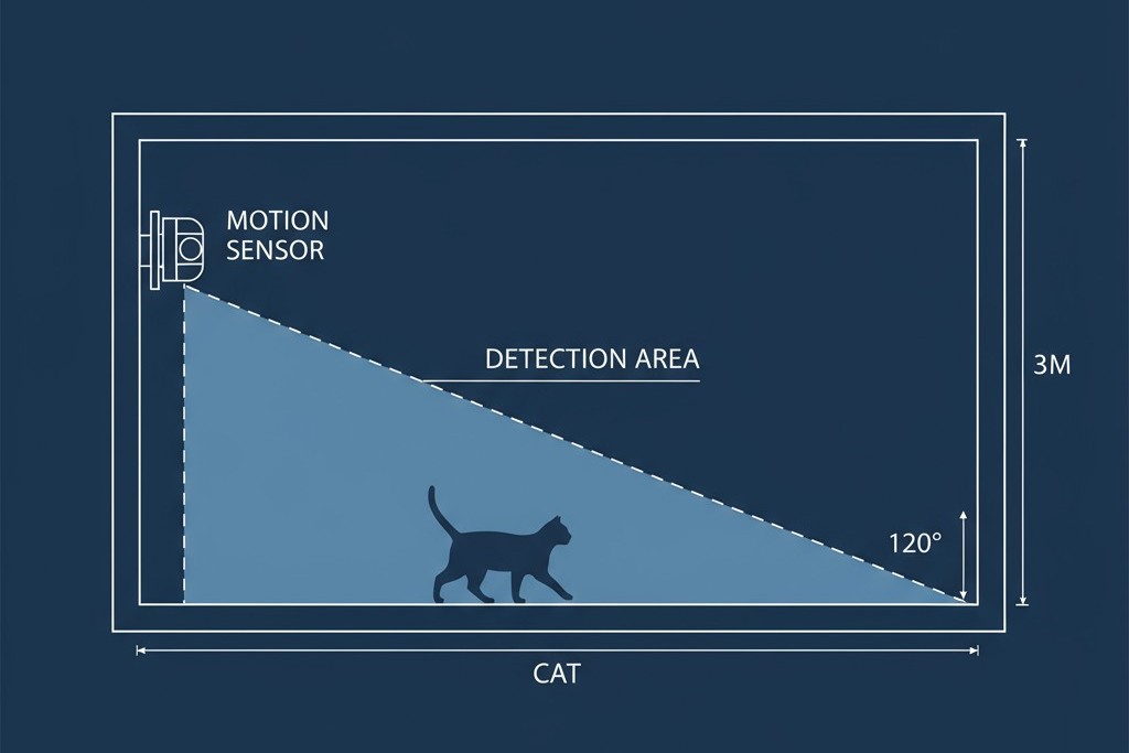 Πώς ανιχνεύει ένα τυπικό αισθητήριο κινησης κατοικίδια Ένα διάγραμμα που δείχνει το πεδίο ανίχνευσης ενός τυπικού αισθητήρα κίνησης καλύπτοντας ένα δωμάτιο από το πάτωμα μέχρι την οροφή, με μια γάτα στο πάτωμα μέσα στη ζώνη ανίχνευσης.