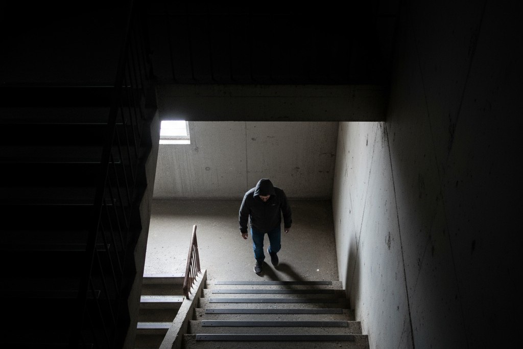 Persoon die een gevaarlijk donker traphuis afdaalt Een persoon gevangen tussen verdiepingen in een donker betontraphuis terwijl een bewegingsgeactiveerd licht achter hen uitgaat en een ander nog niet aangaat.