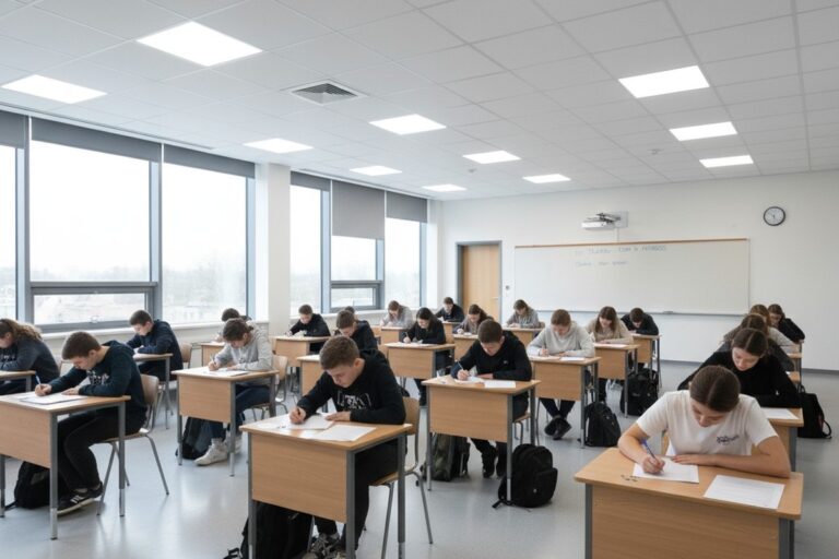 高校生の列が現代的で十分な照明の教室の机に座り、試験を書いている。