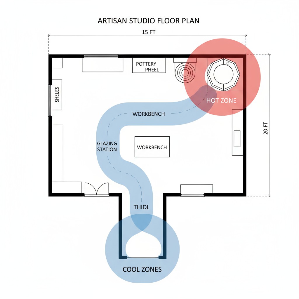 Peta Zona Panas dan Dingin Studio Rencana lantai dari atas ke bawah dari sebuah workshop. Area berwarna merah menandai 'zona panas' di sekitar tungku, sementara area berwarna biru menandai 'zona dingin' di sepanjang jalur jalan kaki.