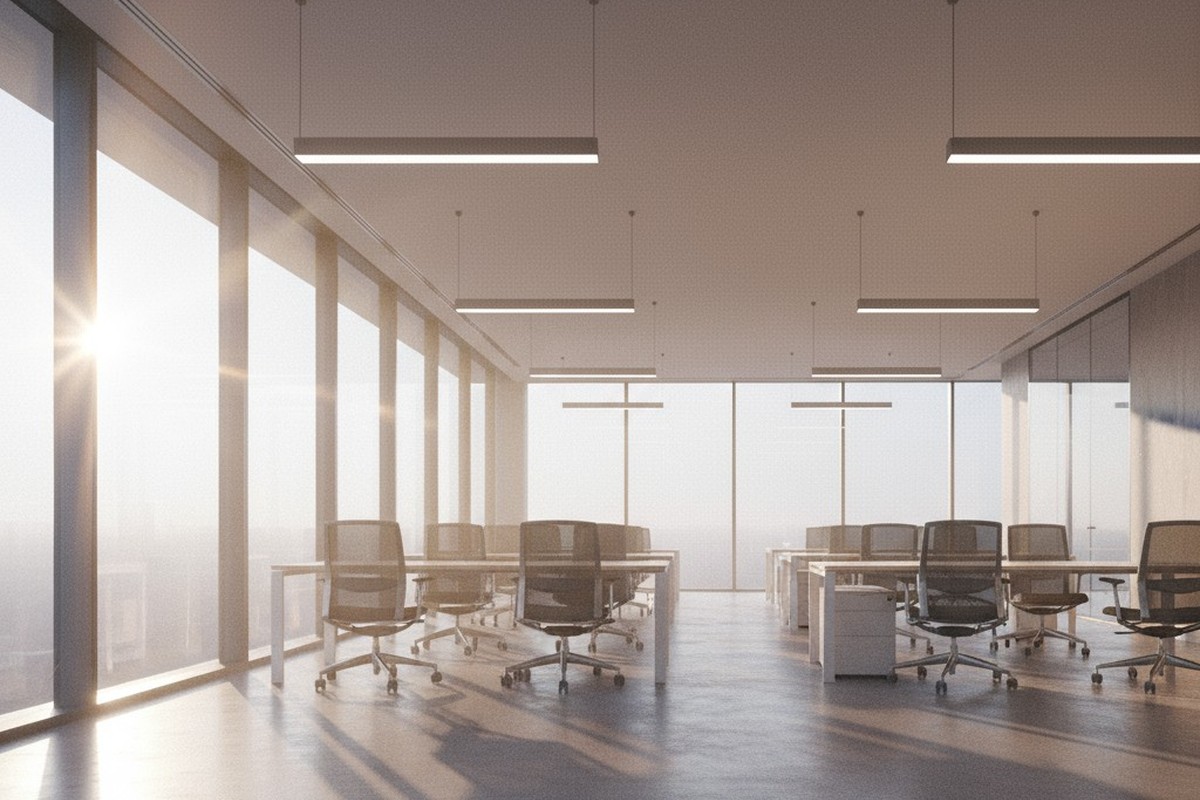 Una oficina moderna y vacía con ventanas de suelo a techo se llena de luz solar brillante, mientras que las luminarias LED lineales en el techo también están completamente iluminadas.