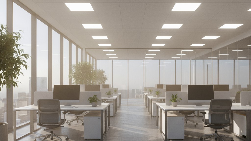 Una oficina moderna con grandes ventanales está iluminada brillantemente por la luz natural, pero las luces artificiales superiores también están encendidas.