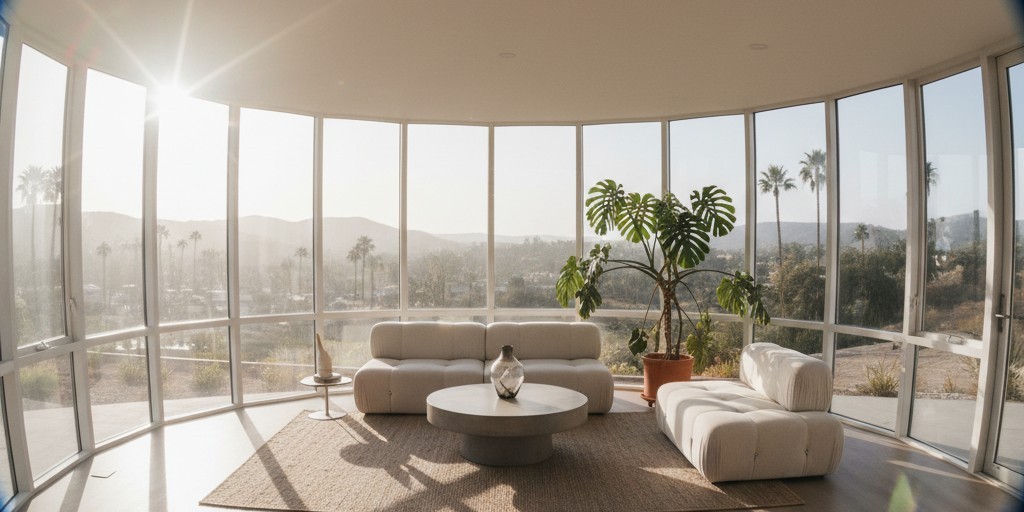 Sinar matahari terang mengalir melalui jendela besar ruang belakang teras modern, memancarkan cahaya keras ke lantai ubin dan perabotan sederhana.