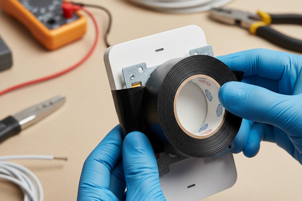 A person's hands are carefully wrapping black electrical tape around the metal body and screw terminals of a smart light switch.