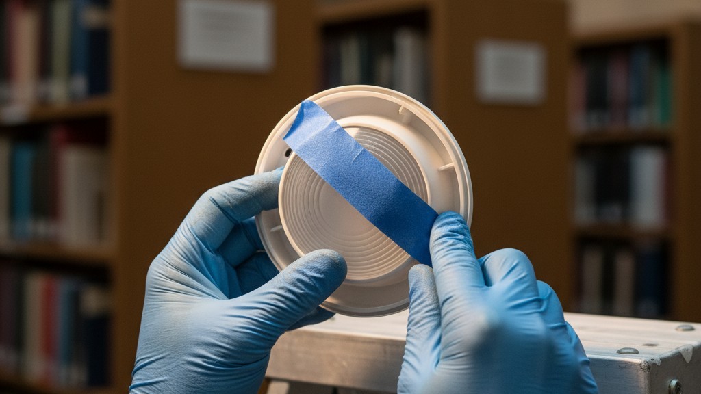 Restricting a Sensor's Field of View A close-up of a technician's hands applying a piece of tape to the lens of a ceiling occupancy sensor to create a precise detection curtain.