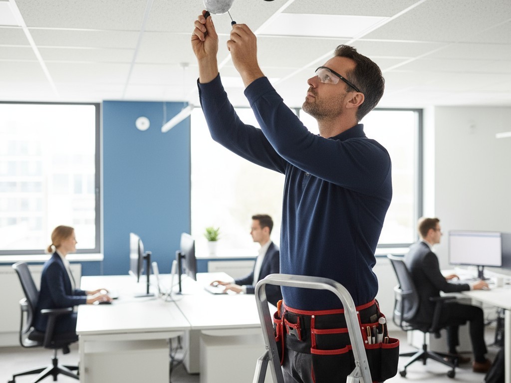 Un instalador en una escalera ajustando un sensor de movimiento montado en el techo en un edificio comercial.