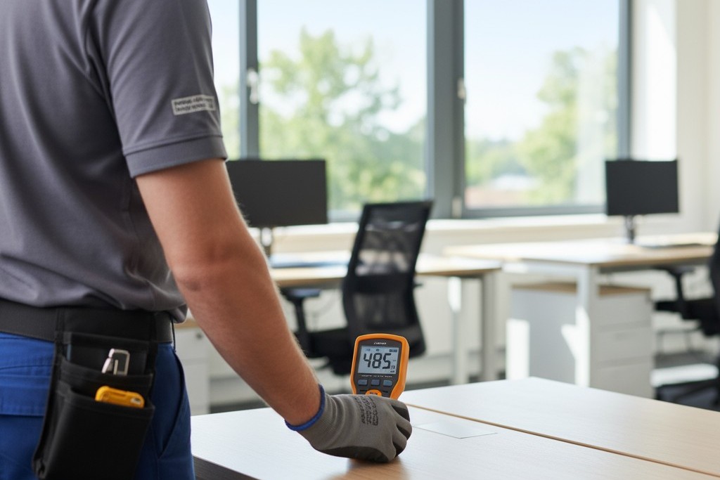 Un técnico sostiene un medidor de lux digital portátil en un escritorio de oficina para medir la luz ambiente proveniente de una ventana cercana.