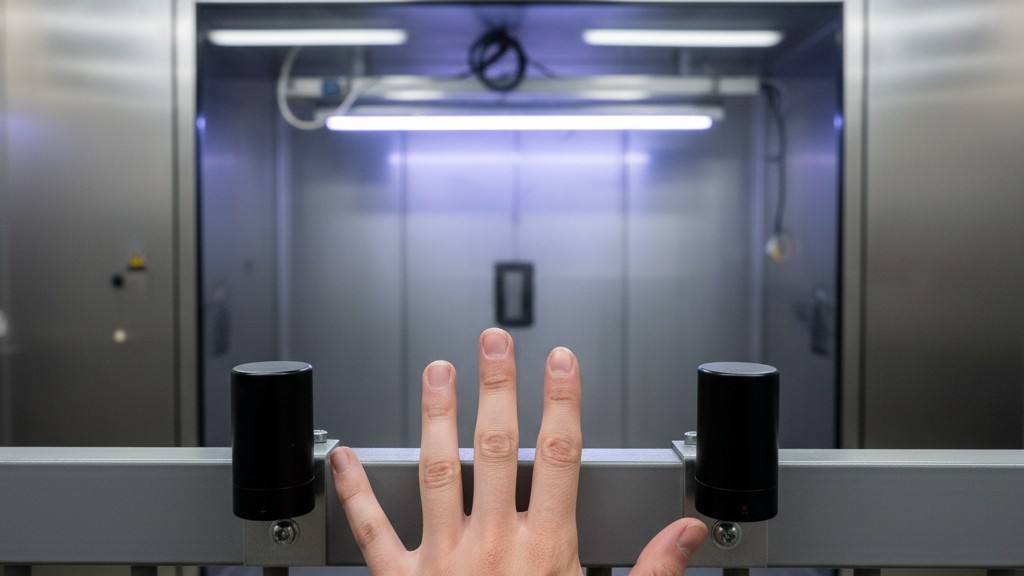 Performing a Functional Safety Check A person's hand moves to interrupt the beam of a safety sensor guarding the opening of a UV curing chamber, which is safely unlit inside.