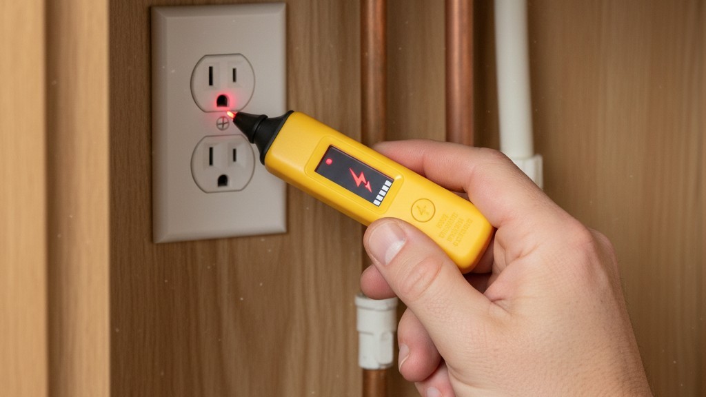 Een hand houdt een gele niet-contact spanningsdetector dichtbij een wit stopcontact in een onder-wastafel kast, om actieve stroom te controleren.