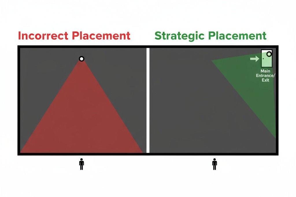 Diagram of Strategic Sensor Placement in a Theater A clear diagram showing two theater layouts. The 'Incorrect' side shows a sensor's vision covering the stage. The 'Correct' side shows the sensor's vision focused only on the doorway.