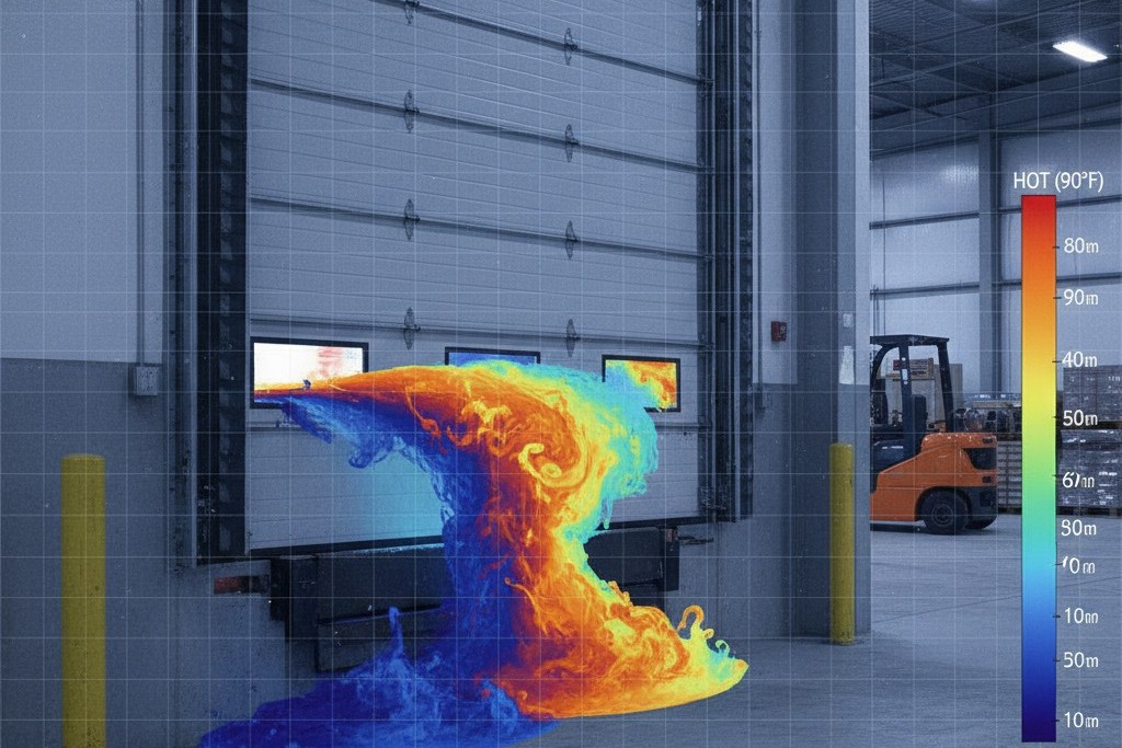 Um diagrama mostrando ar frio azul entrando em um armazém aquecido por uma fresta na porta da doca de carregamento, criando redemoinhos que um sensor de movimento detecta.