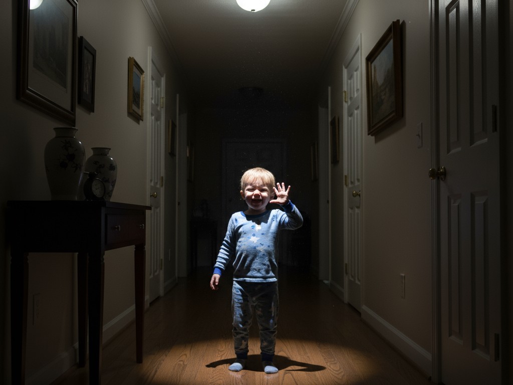 Seorang balita kecil memakai piyama berdiri di koridor yang gelap, mengernyit saat lampu terang yang keras dan cerah tiba-tiba menyala di atas kepala.