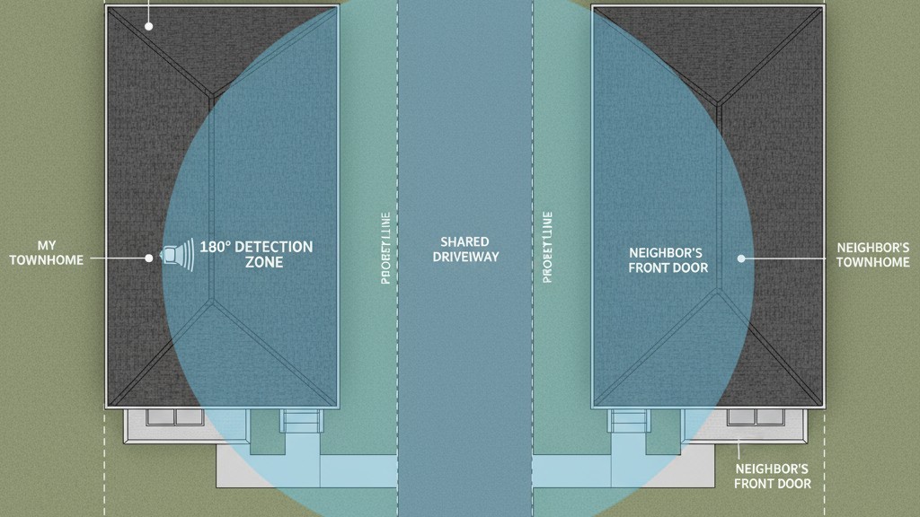 圖解顯示廣角運動傳感器的偵測區跨越共同車道並延伸到鄰居的地產。