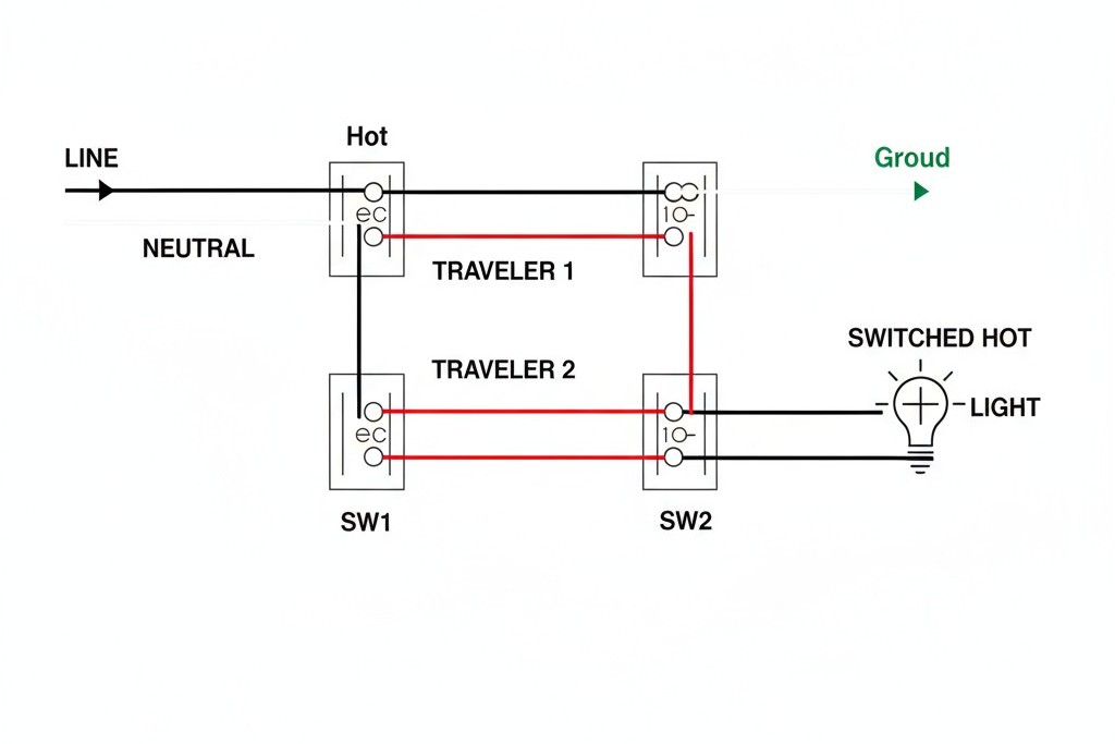 Διάγραμμα ενός Παραδοσιακού Κυκλώματος Διακόπτη 3-τροπών Ένα σχηματικό που δείχνει το καλωδίωμα για μια παραδοσιακή ρύθμιση διακόπτη 3 κατευθύνσεων, με πηγή ενέργειας, δύο διακόπτες, ένα φως και τους δύο καλωδιώσεις ταξιδευτές που συνδέουν τους διακόπτες.