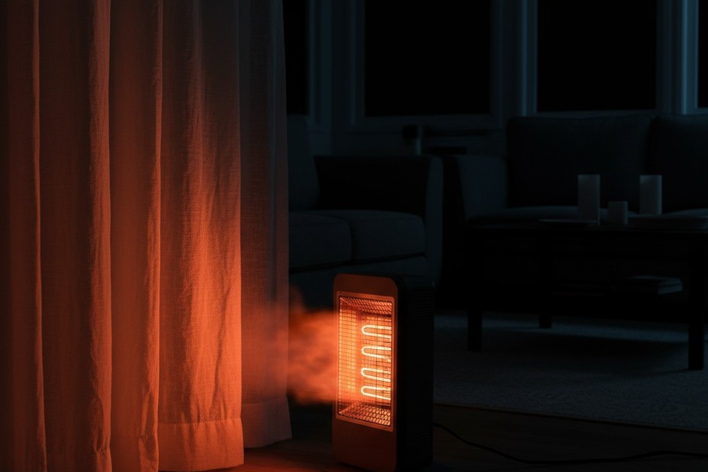 Un calentador eléctrico portátil colocado peligrosamente cerca de objetos inflamables como cortinas y papeles en una habitación vacía, resaltando un serio riesgo de incendio.